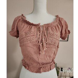 Bohemian Front-Tie Pink Short Sleeve Top with Crochet